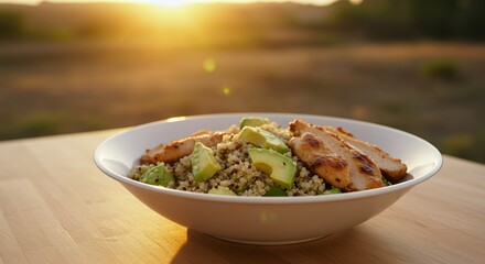 Golden Hour Quinoa Bowl: Grilled Chicken, Avocado, and Sunset Views