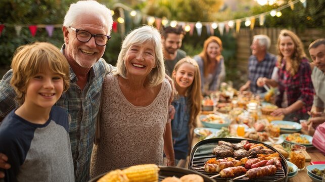 Grandparents, parents, and children having barbecue in backyard, multigenerational family smiling, fun weekend gathering