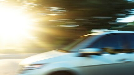 Digital photograph, a car speeding, motion blur, intense sunlight creating shadows, soft diffused light, overall dreamy and atmospheric effect