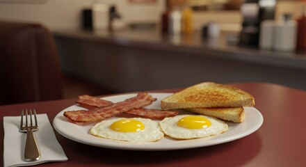 Classic Diner Breakfast: Sunny-Side Up Eggs, Crispy Bacon, and Toasted Bread