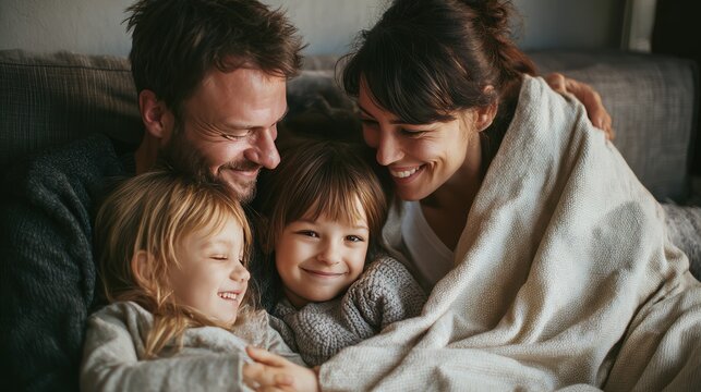 Loving parents cuddling with their two children on a couch, wrapped in a blanket, warm evening light, happy faces full of love