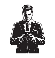 Young business man using cell phone silhouette design