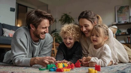 Obraz premium Mom and dad playing with children on living room floor, toys scattered, casual home moment full of laughter and connection