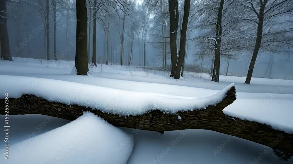 Poster Winter Landscape with Fallen Tree Covered in Fresh Snow and Misty Trees