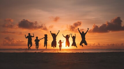 Parents and kids jumping on the beach at sunset, silhouettes against colorful sky, pure joy and playful vacation vibes