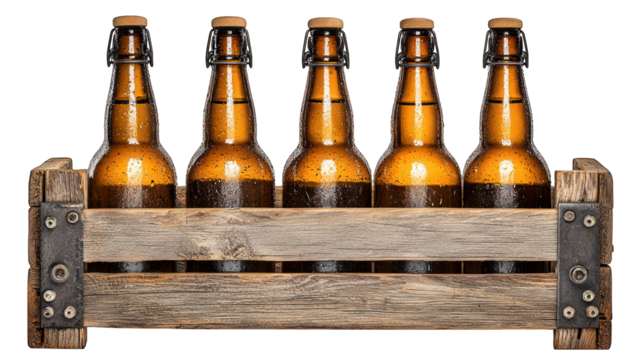 Bottled brew in a wooden crate, ready to serve