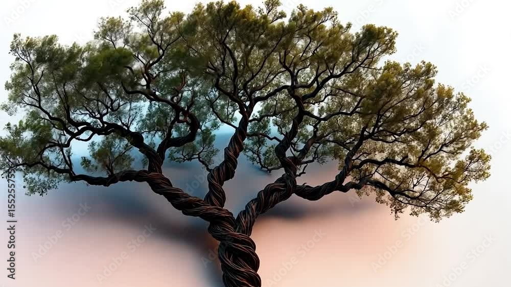 Poster stylized tree illustration with detailed twisted trunk and lush green foliage against gradient backg