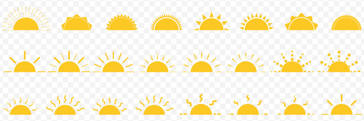 Yellow sun icons set, sunshine and solar glow, sunrise or sunset. Decorative circle full and half suns and sunlight collection. Hot solar energy for tan on Transparent Background. EPS 10.