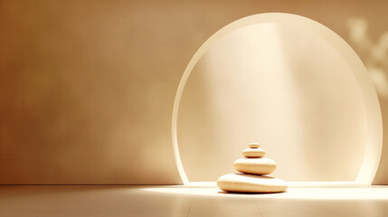 Zen stones in arched minimalist interior with warm light
