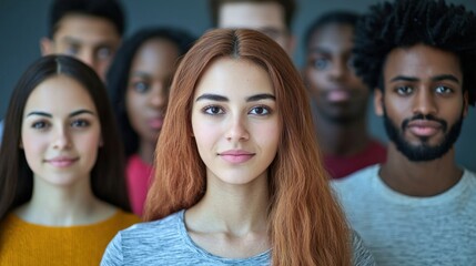 Obraz premium A diverse group of individuals standing together, with a focus on a young woman in the foreground.