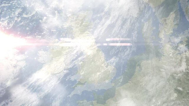 Earth zoom in from space and focus on Ripon, England, Yorkshire and Humber, Great Britain. Background for travel intro or blog. Satellite view. 3D style Animation. Images from NASA.