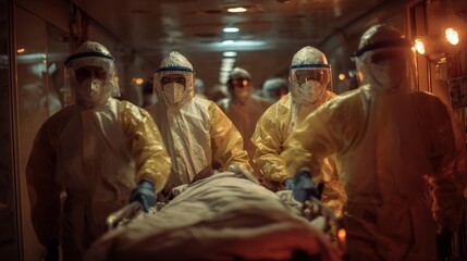 Fototapeta premium Team of medical staff in protective gear pushing stretcher in covid isolation unit, intense environment, urgency and dedication