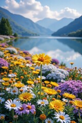 Lake - side Flower Sea & Mountain Landscape, Colorful Flowers & Mirror - like Lake, Natural Aesthetics Design Material