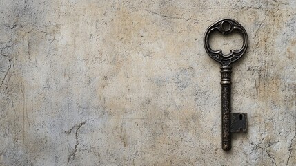 An ornate key on a textured stone wall.