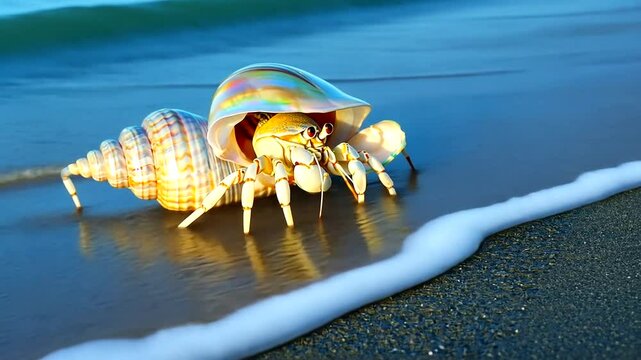 A hermit crab emerging from its shell on a sandy beach with gentle waves in the background