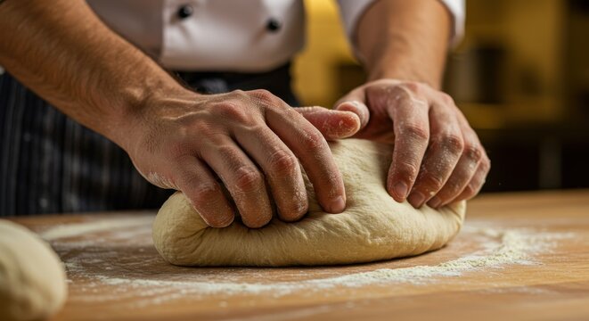 Baker kneading dough detailed view of the process restaurant culinary preparations baking bread closeup professional culinary skills artisan baking