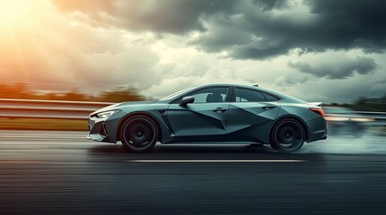 Naklejka premium Intricate origami style, a moving car with blur effect, intense dramatic weather, stormy skies, folded paper look, geometric precision, high tension