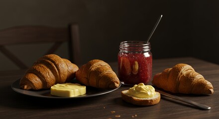 Golden Croissants, Sweet Jam, and Creamy Butter: A Delightful Breakfast Scene