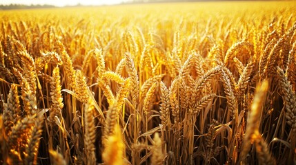 A golden wheat field with sunlight shining through the ears of wheat.