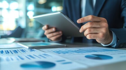 A businessman in a suit using a tablet computer in an office setting.