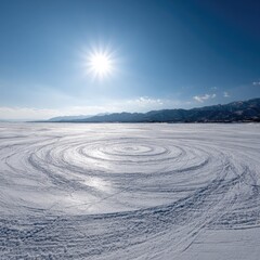 Snow-covered expanse with circular patterns, bright sun