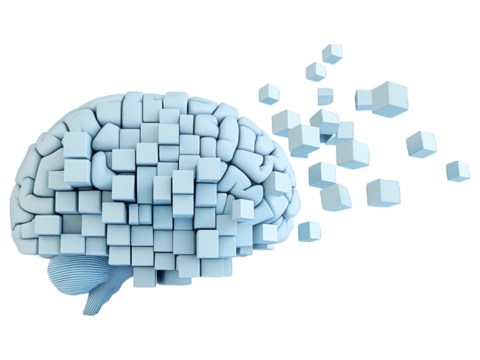 Brain made of cubes, disintegrating, on a black background