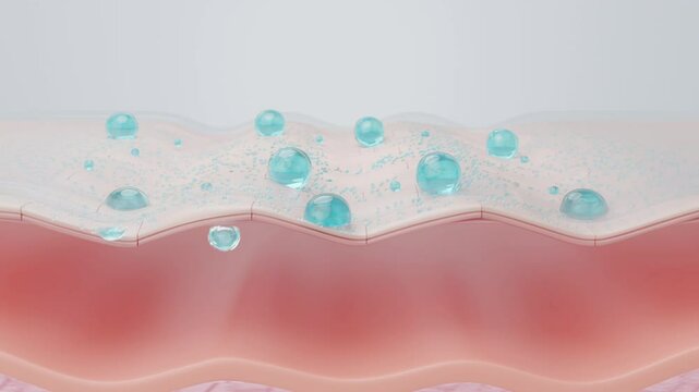 Hyaluronic acid molecules hydrating multi-layered dry skin 3D animation