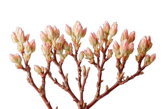Branch with many pink, beige flower buds