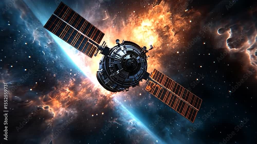 Poster Digital Rendering Of A Satellite In Deep Space With Colorful Nebula And Stars Displaying Futuristic Technology