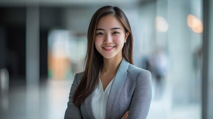 Obraz premium A young, Asian businesswoman in a gray blazer and white blouse, standing in an office with large windows and a modern interior design.