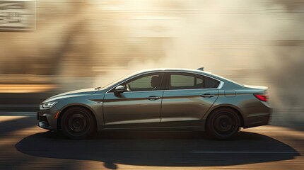 Photorealistic of a car in motion, blurred, with a hazy atmosphere, strong light creating defined shadows, soft light accents, dreamy feel