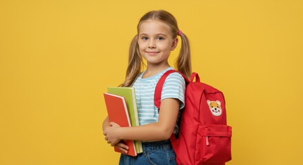 Cheerful schoolgirl with backpack and books ready for school in yellow background