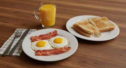 Sunny-side up eggs, crispy bacon, and toasted bread: a perfect breakfast.