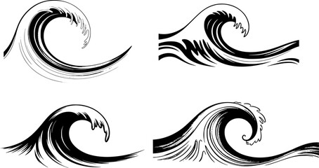 Fototapeta premium Ocean and Sea Wave Line Vector Set – Hand Drawn Black Organic Curves and Minimal Abstract Wave Shapes – Decorative Coastal Elements for Modern Design, T-Shirts, Tattoos, and Isolated Art