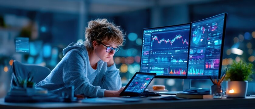 Woman focused on multiple screens