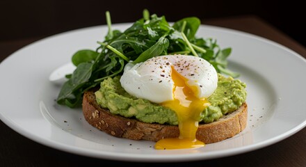 Indulge in this vibrant avocado toast topped with a perfectly poached egg and fresh arugula.