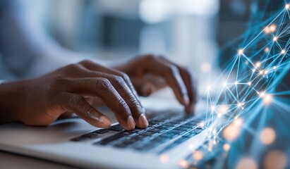 Close-up of hands typing on laptop, network graphic overlay