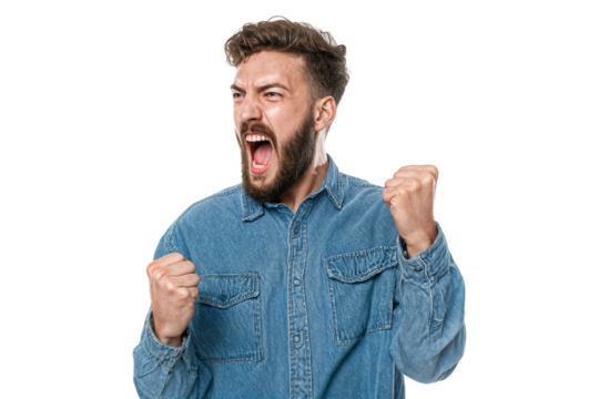Excited man shouting with fists clenched expressing success and intense emotion isolated on transparent background