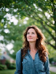 Naklejka premium Woman gazing upward in a park