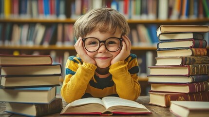 A young boy wearing glasses sits at a table with a stack of books in a library.
