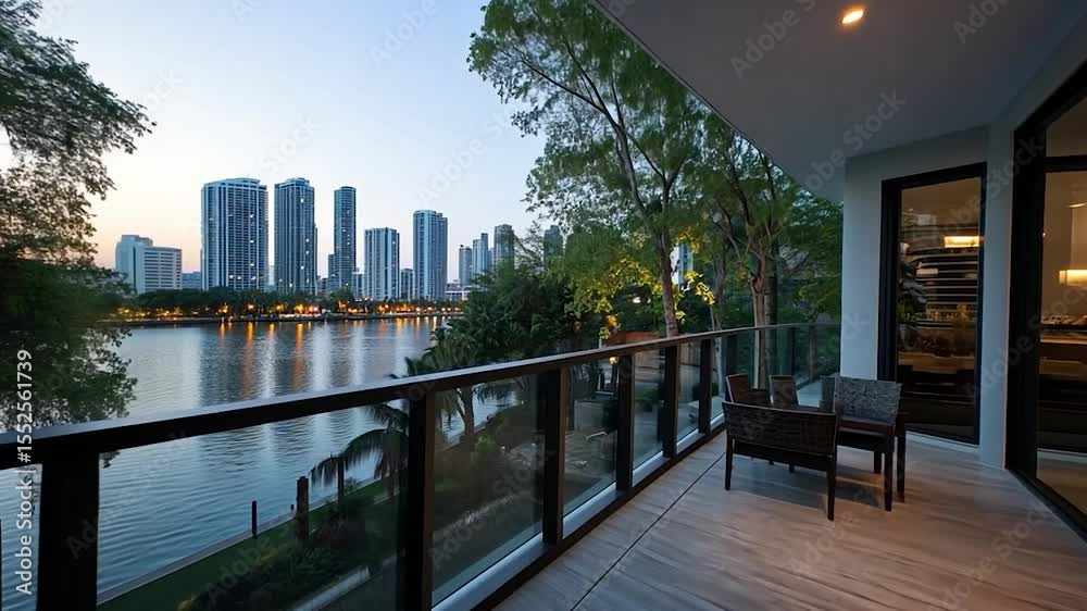 Poster evening balcony view of cityscape buildings overlooking calm lake with trees and tranquil atmosphere