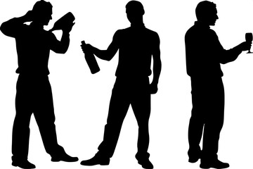 “Stylized black-and-white silhouette of three bartenders in motion. Left holds a liquor bottle, center juggles a shaker and bottle, right presents a cocktail glass. No background or props, just stark 