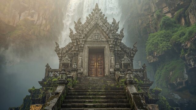 Ancient Jungle Shrine Behind Waterfall Veil and Mossy Stone Path - Powered by Adobe