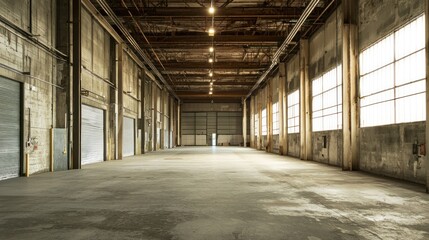 A spacious, empty warehouse with large windows and exposed beams, illuminated by natural light.