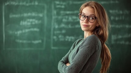 A young woman with glasses standing in front of a chalkboard with mathematical equations written on it.