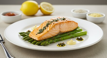 Pan-Seared Salmon with Asparagus and Zesty Sauces, a Gourmet Delight