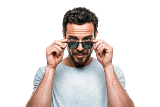 Confident man lowering sunglasses with stylish look and cool facial expression isolated on transparent background