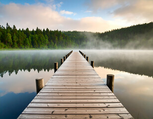 Serene Misty Lake Wooden Dock Extending into the Fog