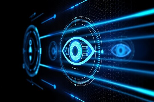 Futuristic digital eye interface with glowing blue lines and data streams