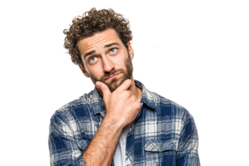 Curious man looking up while touching chin with confused and thoughtful expression isolated on transparent background